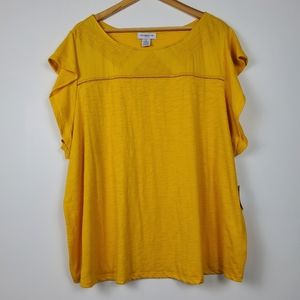 LIZ CLAIBORNE WOMENS RUFFLE BLOUSE YELLOW GOLD ROUND NECK TOP SIZE 3X